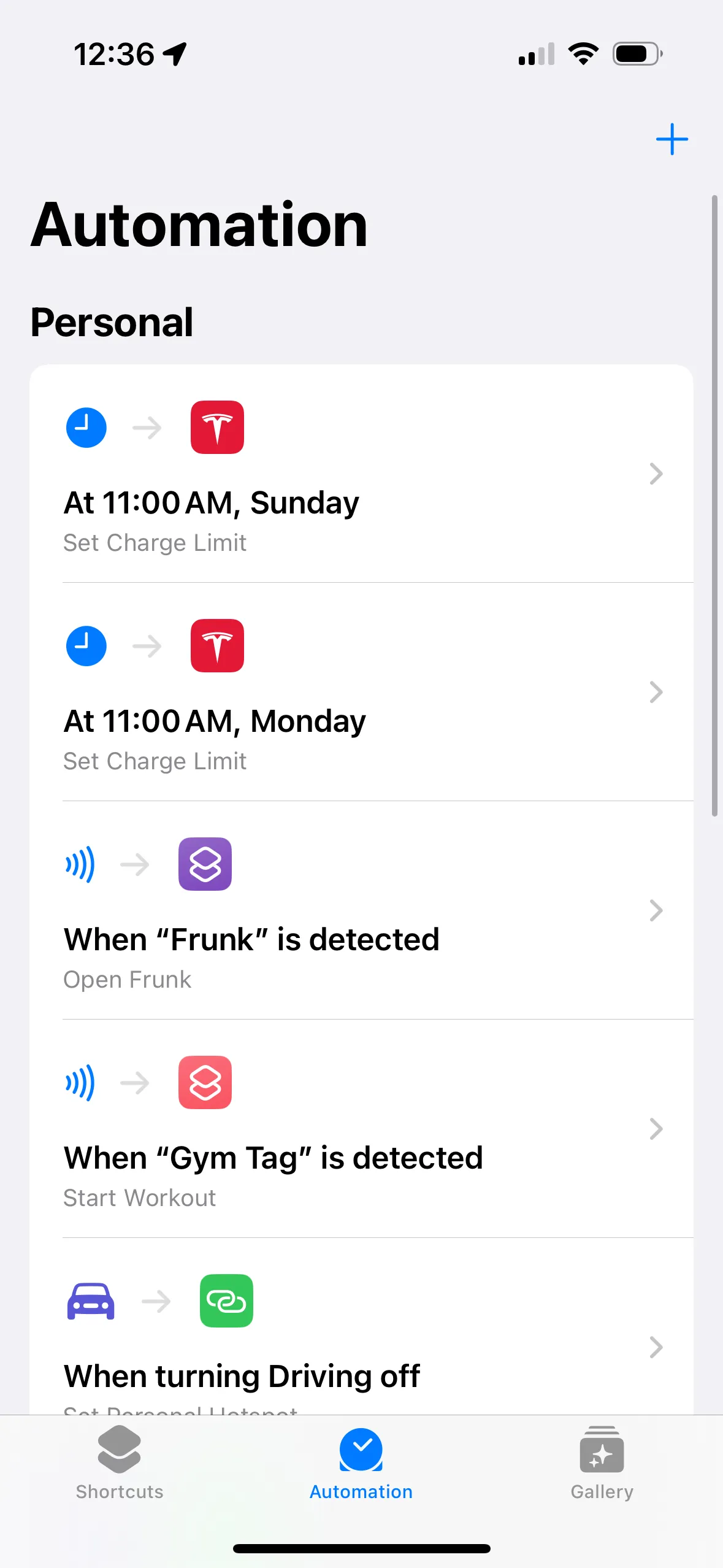 Automation page on Apple Shortcuts. Pre-exiting automations exist for Tesla charging automation.