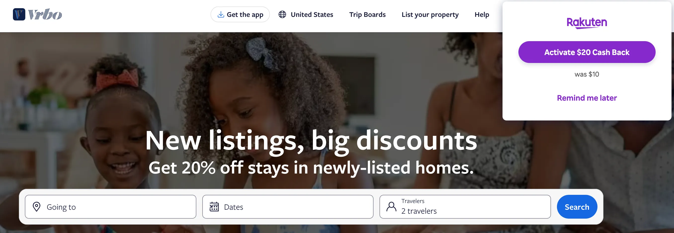 Vrbo booking page with Rakuten offer and 20% off newly-listed properties offer